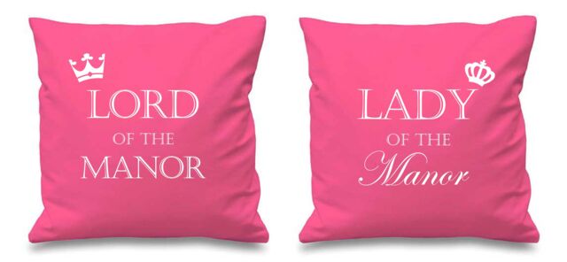 "60 SECOND MAKEOVER Lord Of The Manor Lady Of The Manor Pink Cushion Covers 16"" x 16"" Couples Cushions Valentines Anniversary Boyfriend"
