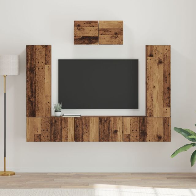 Berkfield Home TV Cabinet Set with Shelf Wall-mounted with Storage with Door 7 pcs Old wood Engineered wood in Brown - image 1