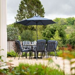 Hectare 6 Seater Dining Set with Reversible Cushions & Crank Parasol in Navy in Black - thumbnail 2