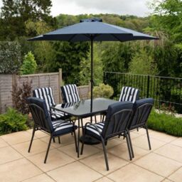 Hectare 6 Seater Dining Set with Reversible Cushions & Crank Parasol in Navy in Black - thumbnail 3