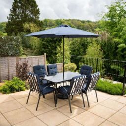 Hectare 6 Seater Dining Set with Reversible Cushions & Crank Parasol in Navy in Black - thumbnail 1