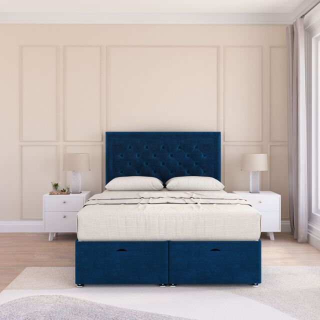 Sloomy Montana Plush Fabric Ottoman Bed End Opening With Sprung Memory Mattress & 54 Inch Floorstanding Headboard in Navy - Size: King - image 1