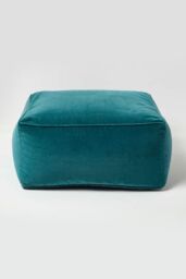 Homescapes Velvet Pouffe Bean Cube in Teal - thumbnail 1