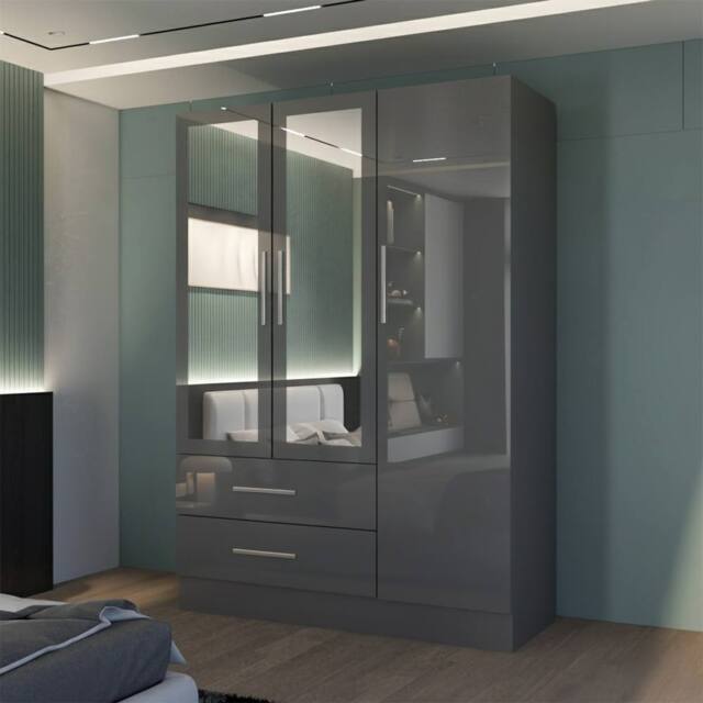 MN Furniture High Gloss 3 Door Mirrored Wardrobe with Drawers W120cm in Grey