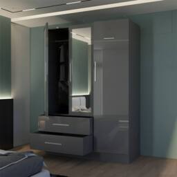 MN Furniture High Gloss 3 Door Mirrored Wardrobe with Drawers W120cm in Grey - thumbnail 3