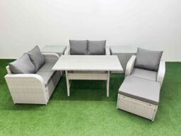 Fimous High Back Poly Rattan Garden Furniture Set w/ Reclining Chair Loveseat Sofa Rectangular Dining Table Indoor Outdoor Patio Set Big Stool 2 Side - thumbnail 1
