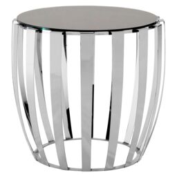 Orsina Luxurious Silver Finish Bedside Table, Distinctive Small Round Table With Black Glass Top, Modern Side Table