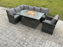 Fimous Rattan Garden Furniture High Back Corner Sofa Gas Fire Pit Dining Table Sets Gas Heater with Armchair 7 Seater in Dark Grey - thumbnail 2