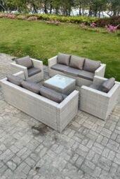 Fimous Light Grey Outdoor PE Rattan Garden Furniture Set Wicker Sofa Set Square Coffee Table - thumbnail 1