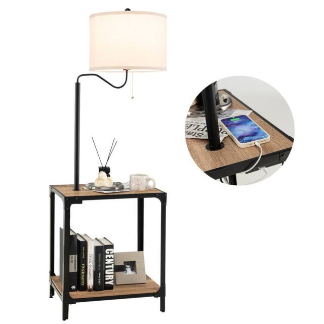 Costway Bedside End Table with Lamp Floor Lamp W/ USB Charging Ports in Brown - image 1