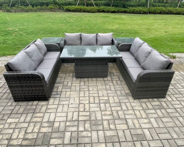 Fimous Patio Garden Dining Set Outdoor Rattan Furniture Lounge Sofa Height Adjustable Table With 2 Side Tables in Dark Grey - image 1