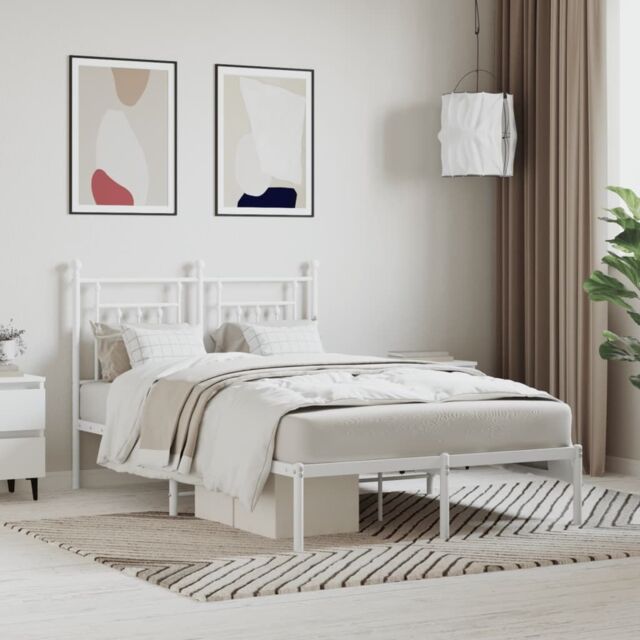 Berkfield Home Metal Bed Frame with Headboard White 120x200 cm - Size: Small Double - image 1