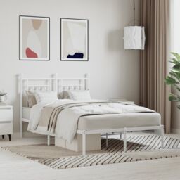Berkfield Home Metal Bed Frame with Headboard White 120x200 cm - Size: Small Double - thumbnail 1