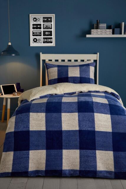 Bedlam 'Cosy Theo Check' Plush & Sherpa Reverse Duvet Cover Set in Blue - Size: Single - image 1