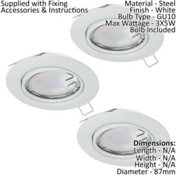 Loops 3 PACK Flush Ceiling Downlight White Steel 3 x 5W GU10 Adjustable Bulb - thumbnail 2