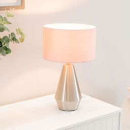 ValueLights Jax Brushed Chrome Dimmable Touch Table Lamp with Fabric Drum Shade & LED Bulb in Baby Pink