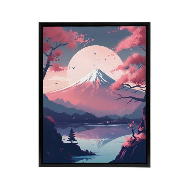 "Artery8 Mount Fuji Lake & Cherry Blossom Trees Framed Canvas Wall Art Print in Pink - Size: W12"" x H16""" - image 1