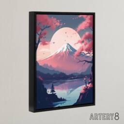 "Artery8 Mount Fuji Lake & Cherry Blossom Trees Framed Canvas Wall Art Print in Pink - Size: W12"" x H16""" - thumbnail 2