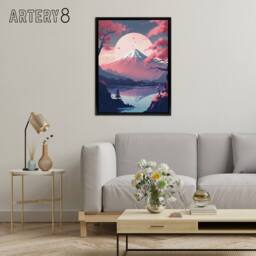"Artery8 Mount Fuji Lake & Cherry Blossom Trees Framed Canvas Wall Art Print in Pink - Size: W12"" x H16""" - thumbnail 3