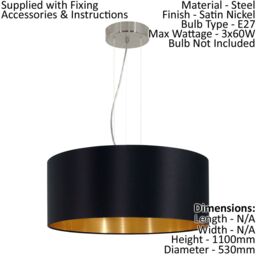Loops Pendant Light Colour Satin Nickel Steel Shade Black Gold Fabric Bulb E27 3x60W in Metallics - thumbnail 2
