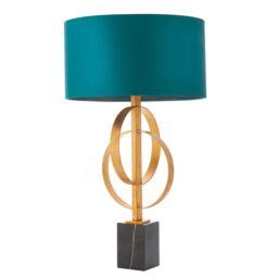Loops Antique Gold Table Lamp & Teal Satin Shade - Black Marble Base Desk Light