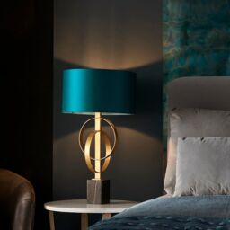 Loops Antique Gold Table Lamp & Teal Satin Shade - Black Marble Base Desk Light - thumbnail 4