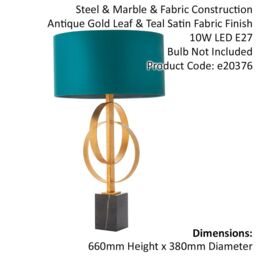 Loops Antique Gold Table Lamp & Teal Satin Shade - Black Marble Base Desk Light - thumbnail 2