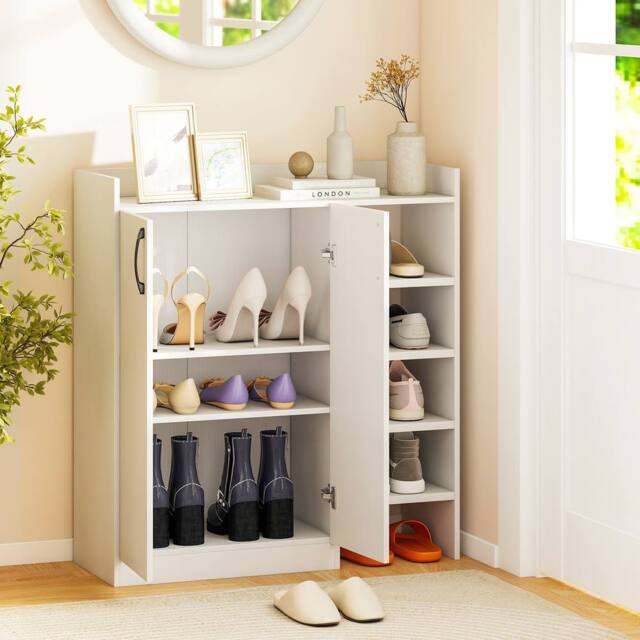 Costway Industrial Shoe Cabinet Shoe Wooden Storage Organizer w/4 Open Shelves in White - image 1