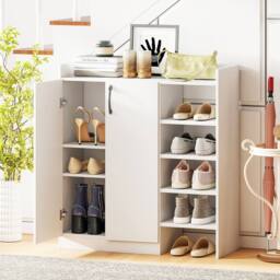 Costway Industrial Shoe Cabinet Shoe Wooden Storage Organizer w/4 Open Shelves in White - thumbnail 3