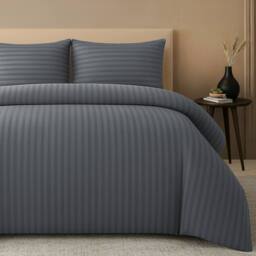 Grace Embossed Satin Stripe Duvet Cover Sets Ultrasoft Quilt Cover in Grey - Size: Super King - thumbnail 4