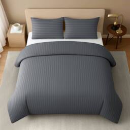Grace Embossed Satin Stripe Duvet Cover Sets Ultrasoft Quilt Cover in Grey - Size: Super King - thumbnail 2