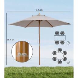 Nordara Outsunny 2.5m Wooden Garden Parasol Patio Sun Shade Umbrella in Grey - Size: 100 cm x 60 cm - thumbnail 2