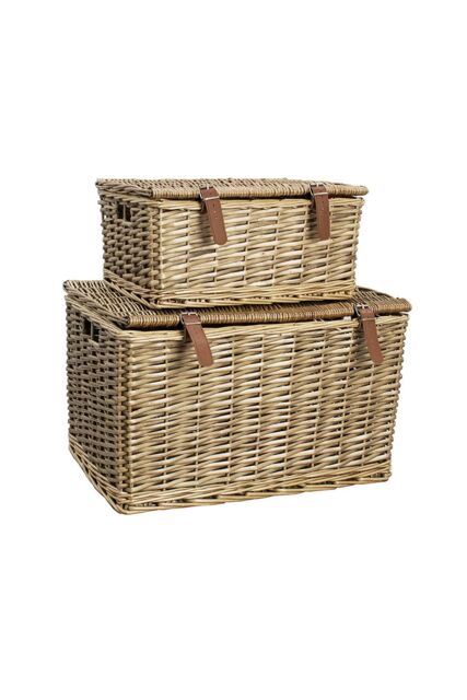 JVL Handmade Buff Wicker Hampers with Faux Leather Straps, Set of 2 in Brown - Size: Large - image 1