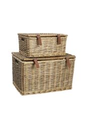 JVL Handmade Buff Wicker Hampers with Faux Leather Straps, Set of 2 in Brown - Size: Large - thumbnail 1