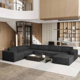Dprodo Corduroy Modular Sofa, 6-Seater Corner Couch, 25V9 in Black - thumbnail 1