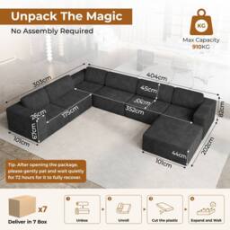 Dprodo Corduroy Modular Sofa, 6-Seater Corner Couch, 25V9 in Black - thumbnail 2