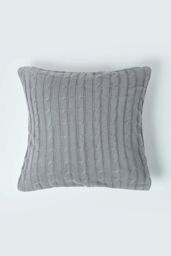 Homescapes Cotton Cable Knit Cushion Cover, 45 x 45 cm in Grey - Size: 45 cm x 45 cm - thumbnail 1