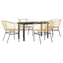 Berkfield Home 5 Piece Garden Dining Set Brown Poly Rattan Glass - thumbnail 1