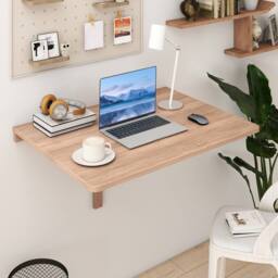 Costway Wall Mounted Wooden Folding Table 80x60cm Drop-Leaf Writing Desk in Natural - Size: 80x60 cm - thumbnail 4