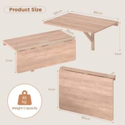 Costway Wall Mounted Wooden Folding Table 80x60cm Drop-Leaf Writing Desk in Natural - Size: 80x60 cm - thumbnail 3