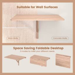 Costway Wall Mounted Wooden Folding Table 80x60cm Drop-Leaf Writing Desk in Natural - Size: 80x60 cm - thumbnail 6