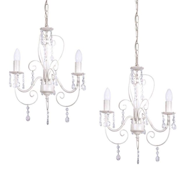 ValueLights Lille Distressed Pair of 3 Way White Ceiling Light Chandeliers - image 1
