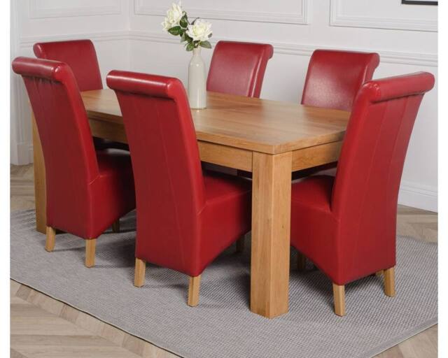 Thats Furniture Dakot 182 x 92cm Oak Large Dining Table & 6 Montana Leather Chairs in Red - Size: 182 x 92 cm - image 1