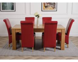 Thats Furniture Dakot 182 x 92cm Oak Large Dining Table & 6 Montana Leather Chairs in Red - Size: 182 x 92 cm - thumbnail 2