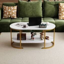 Costway Oval Coffee Table 2-Tier Living Room Center Table with Storage in White - thumbnail 7