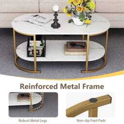 Costway Oval Coffee Table 2-Tier Living Room Center Table with Storage in White - thumbnail 6