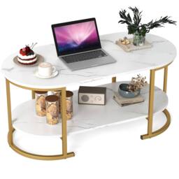 Costway Oval Coffee Table 2-Tier Living Room Center Table with Storage in White - thumbnail 3
