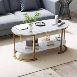 Costway Oval Coffee Table 2-Tier Living Room Center Table with Storage in White - thumbnail 8