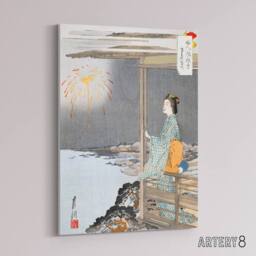 "Artery8 Woman Watching Fireworks Canvas Wall Art Print Ogata Gekko in Orange - Size: W18"" x H24""" - thumbnail 2