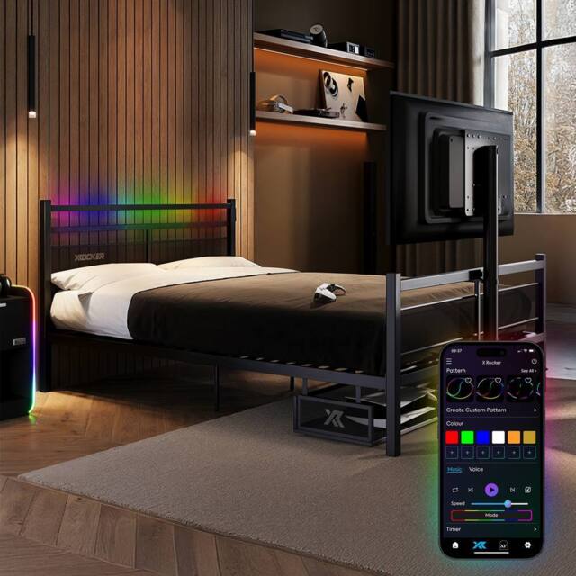 X Rocker Basecamp RGB Gaming TV Bed with App Controlled LED Light in Black - Size: Single - image 1
